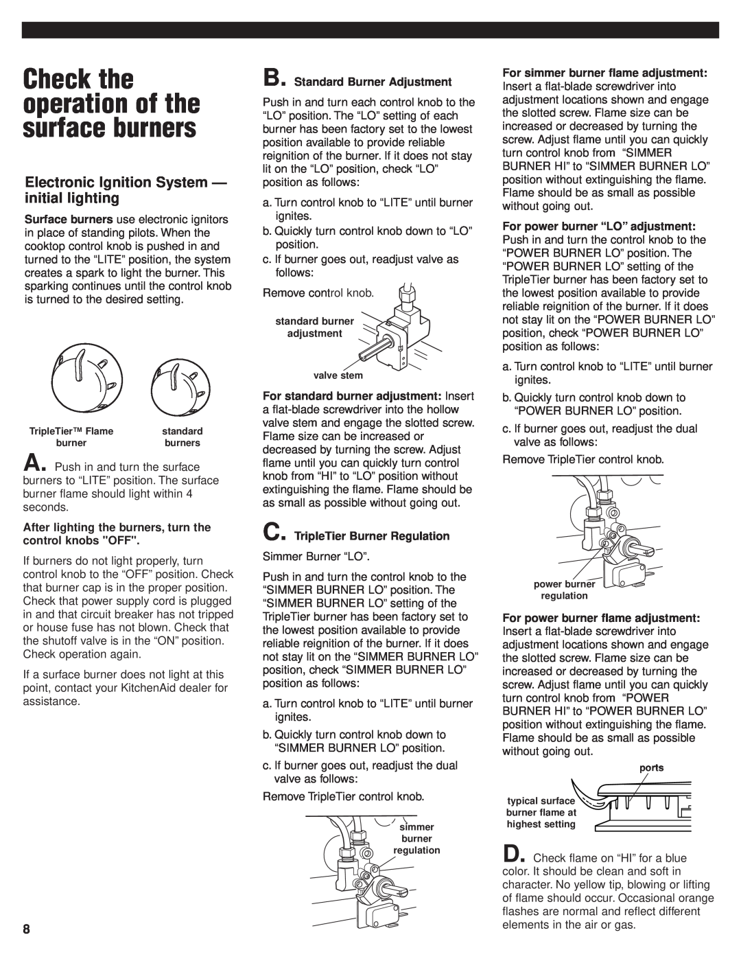 KitchenAid 8285418 Check the operation of the surface burners, Electronic Ignition System - initial lighting 