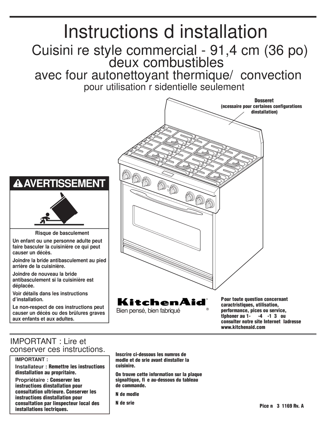 KitchenAid 8301169 installation instructions Instructions d’installation, Dosseret 