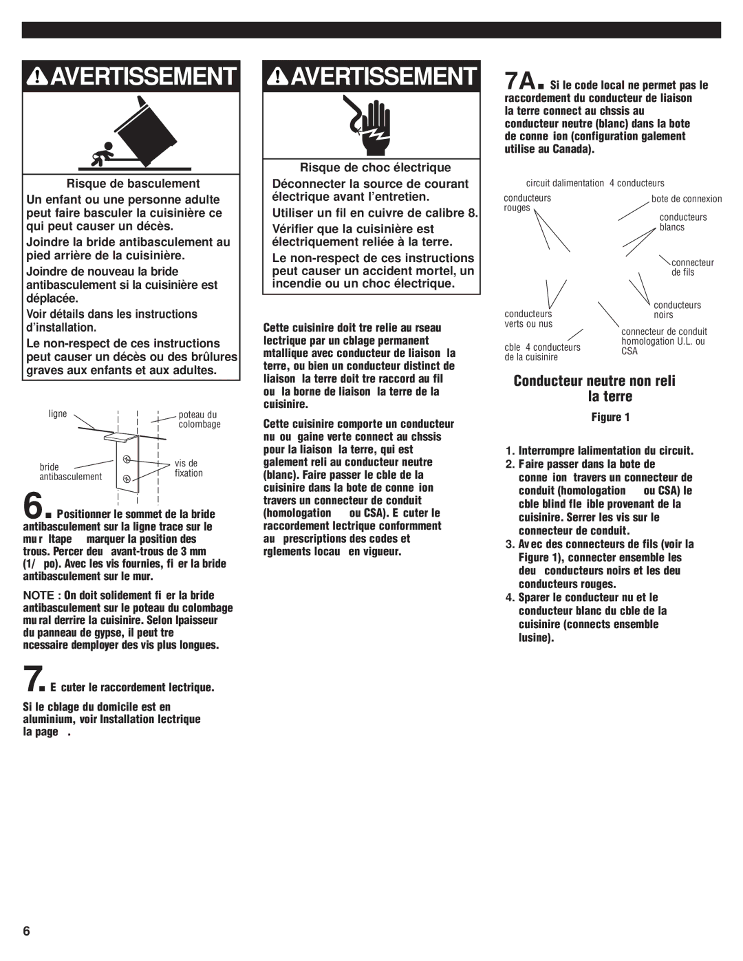 KitchenAid 8301169 installation instructions Avertissement Avertissement, Conducteur neutre non relié à La terre 