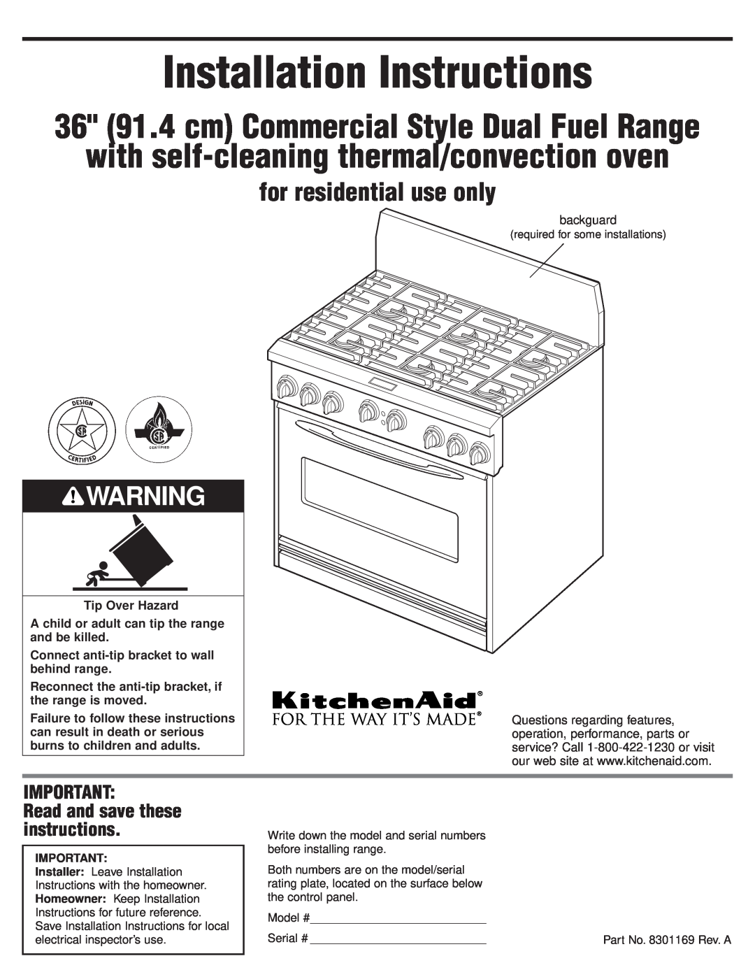 KitchenAid 8301169 installation instructions Installation Instructions, with self-cleaningthermal/convection oven 