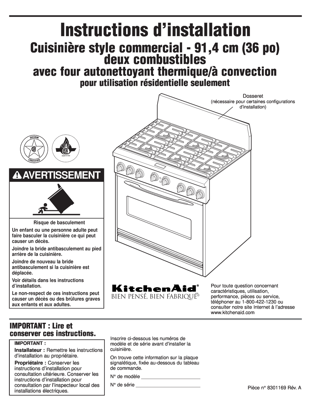 KitchenAid 8301169 Instructions d’installation, Cuisinière style commercial - 91,4 cm 36 po, deux combustibles 