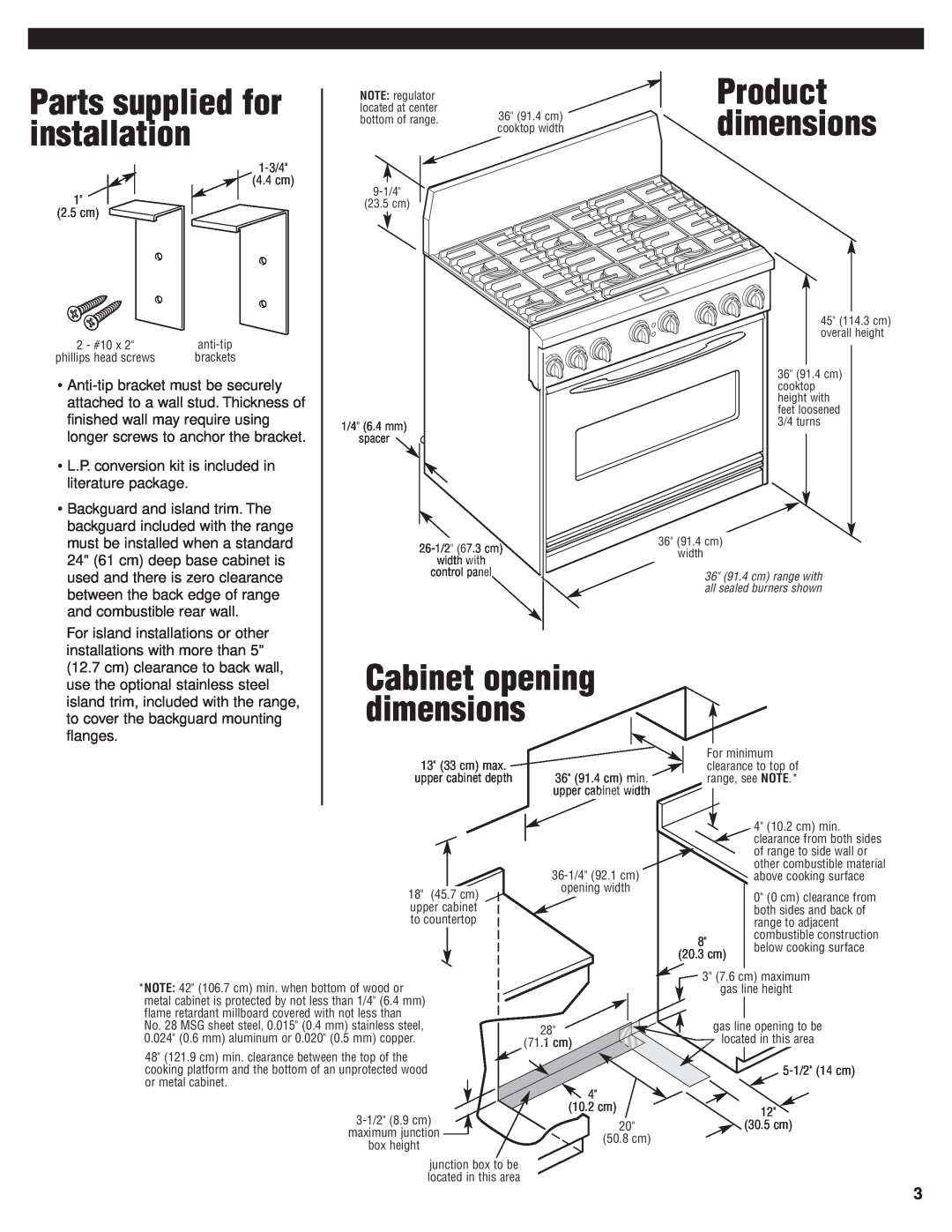KitchenAid 8301169 Parts supplied for installation, Product dimensions, Cabinet opening dimensions 