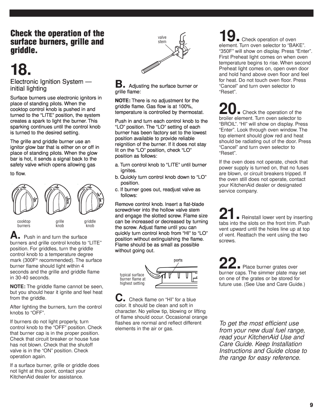 KitchenAid 8301169 installation instructions Electronic Ignition System - initial lighting 