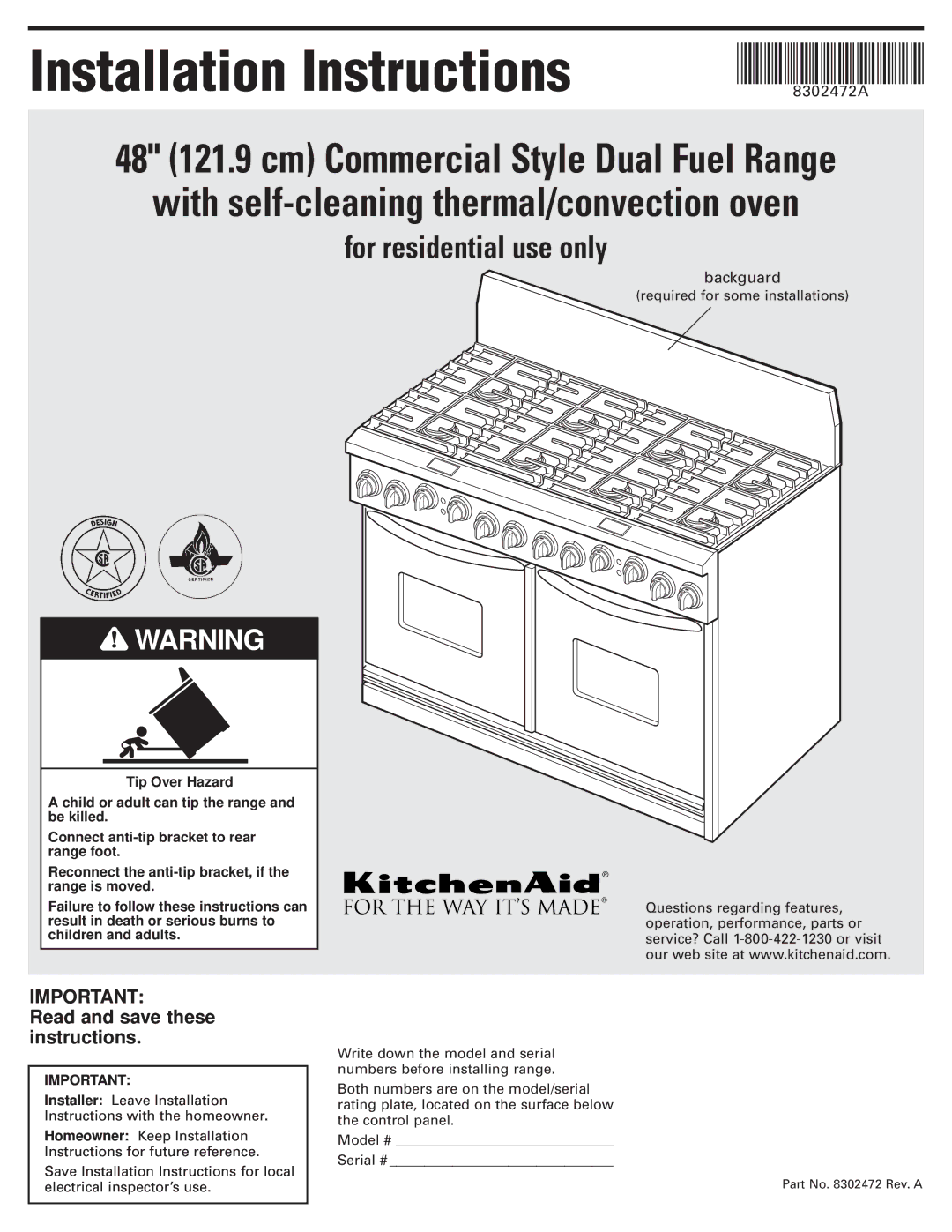 KitchenAid 8302472A installation instructions Installation Instructions, Read and save these instructions 