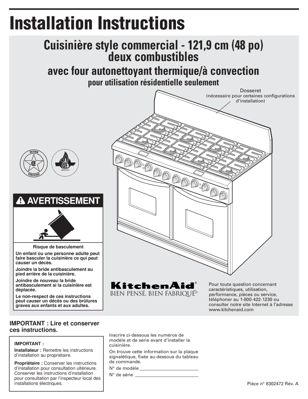 KitchenAid 8302472A installation instructions Deux combustibles, Important Lire et conserver ces instructions 