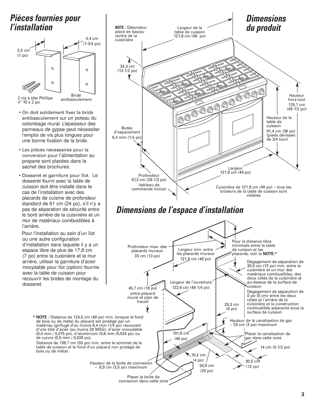 KitchenAid 8302472A installation instructions Pièces fournies pour Dimensions, Dimensions de l’espace d’installation 