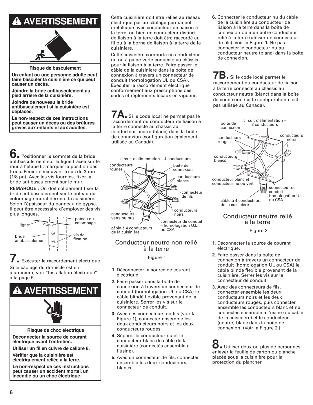 KitchenAid 8302472A installation instructions Conducteur neutre non relié La terre, Conducteur neutre relié La terre 