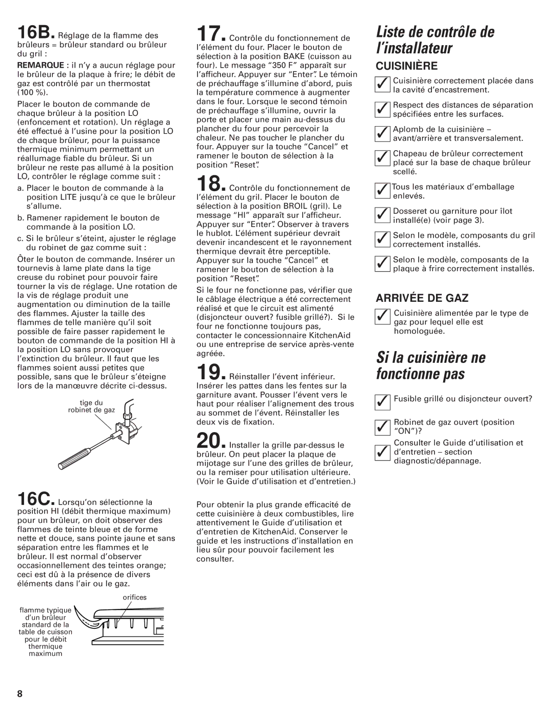 KitchenAid 8302472A installation instructions Liste de contrôle de l’installateur, Si la cuisinière ne fonctionne pas 