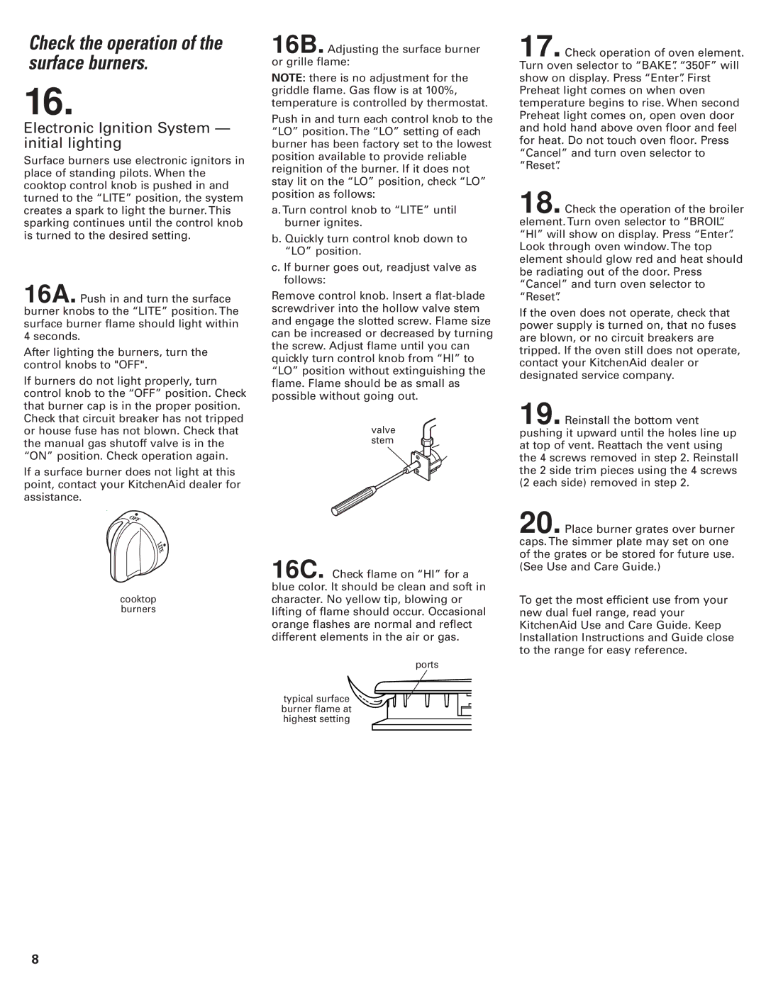 KitchenAid 8302472A Check the operation of the surface burners, Electronic Ignition System initial lighting 