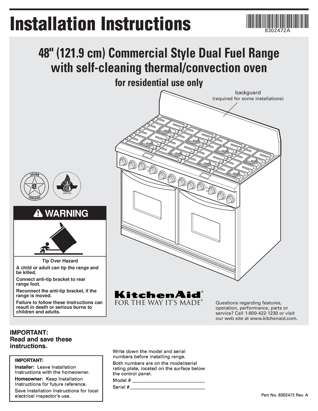 KitchenAid 8302472A installation instructions Installation Instructions, 48 121.9 cm Commercial Style Dual Fuel Range 