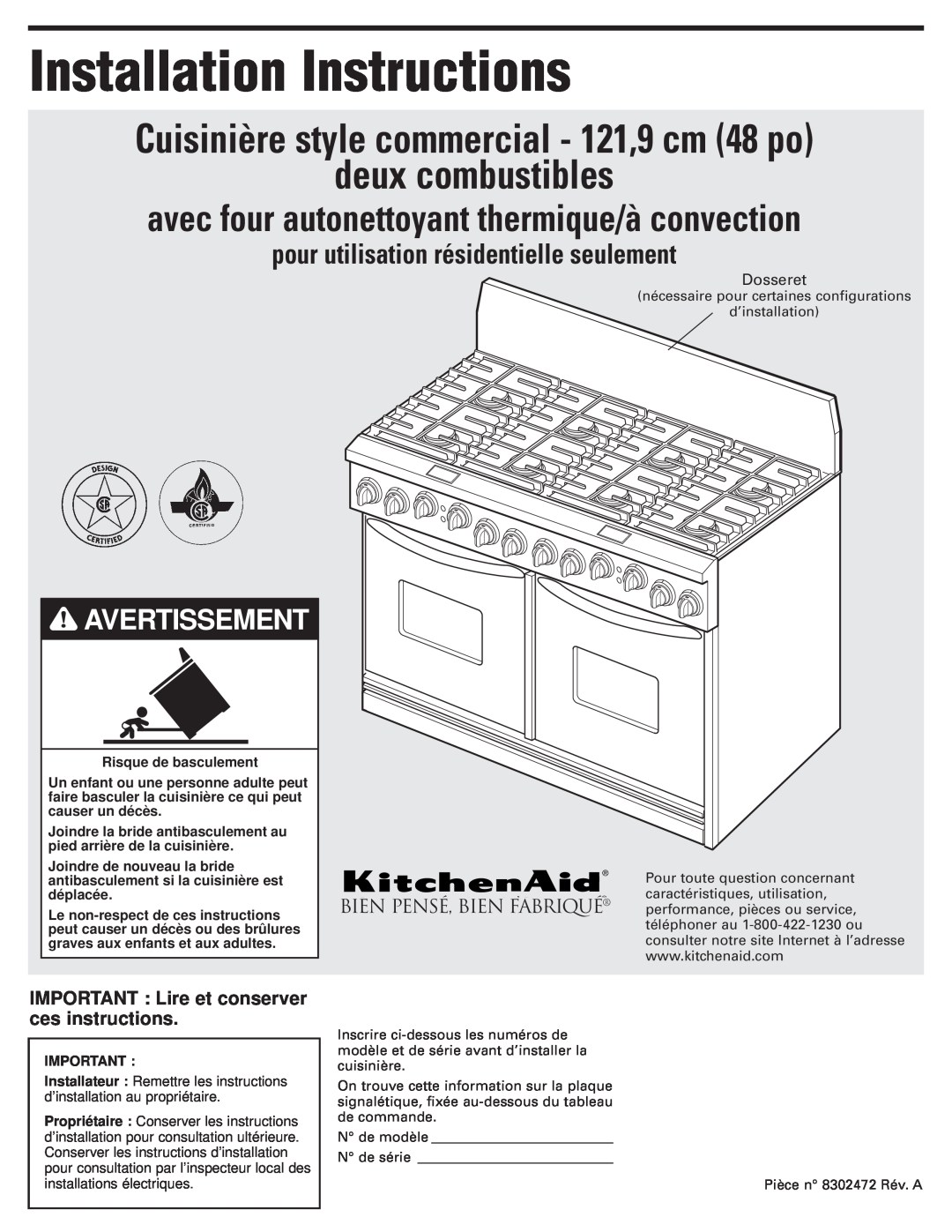 KitchenAid 8302472A avec four autonettoyant thermique/à convection, Avertissement, Installation Instructions, Dosseret 