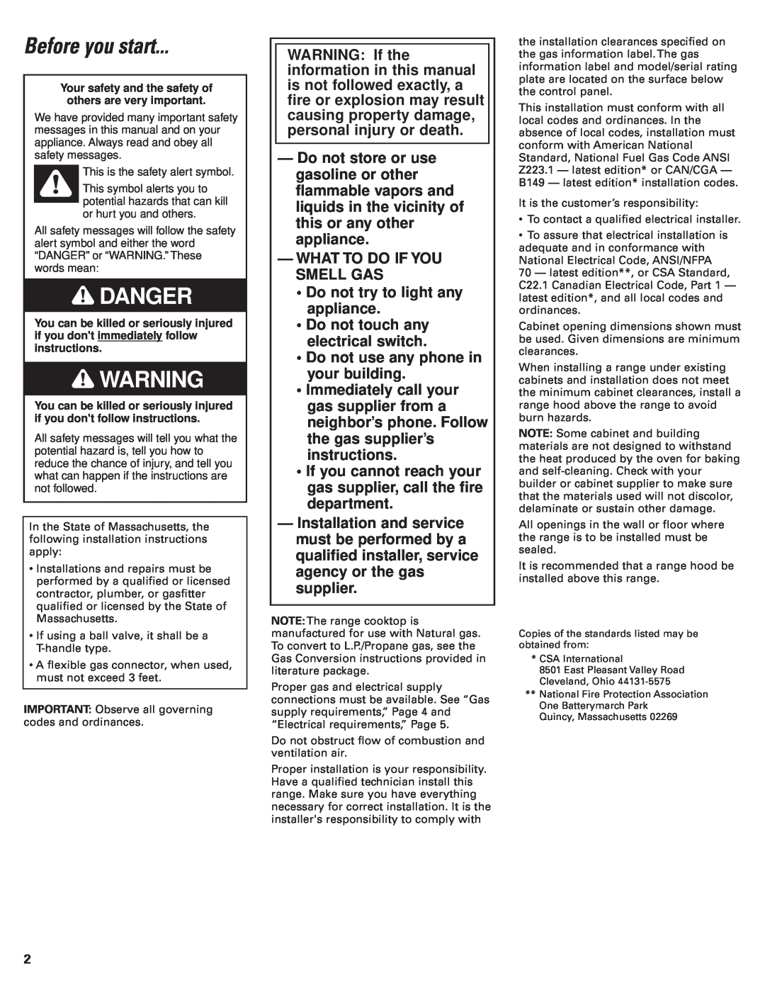 KitchenAid 8302472A installation instructions Before you start, Danger 