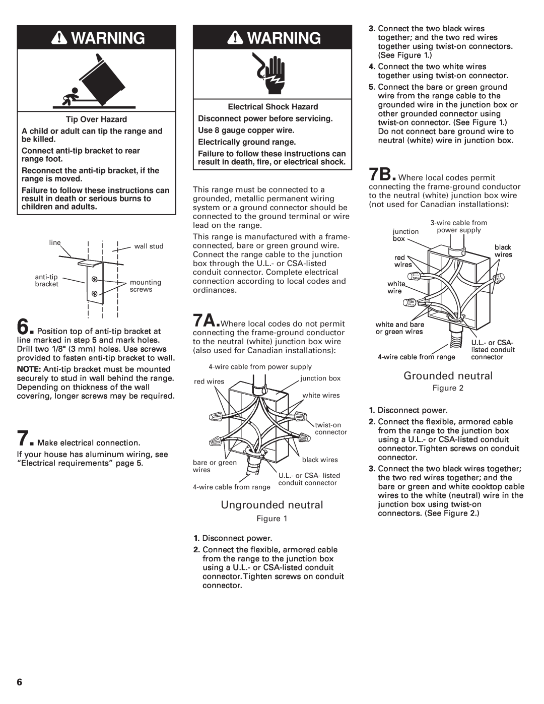 KitchenAid 8302472A installation instructions Warning Warning, Grounded neutral, Ungrounded neutral 