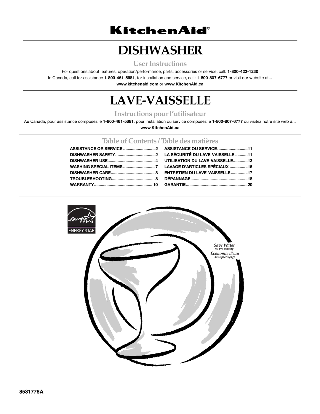 KitchenAid 8531778A warranty User Instructions, Instructions pour l’utilisateur, Table of Contents / Table des matières 