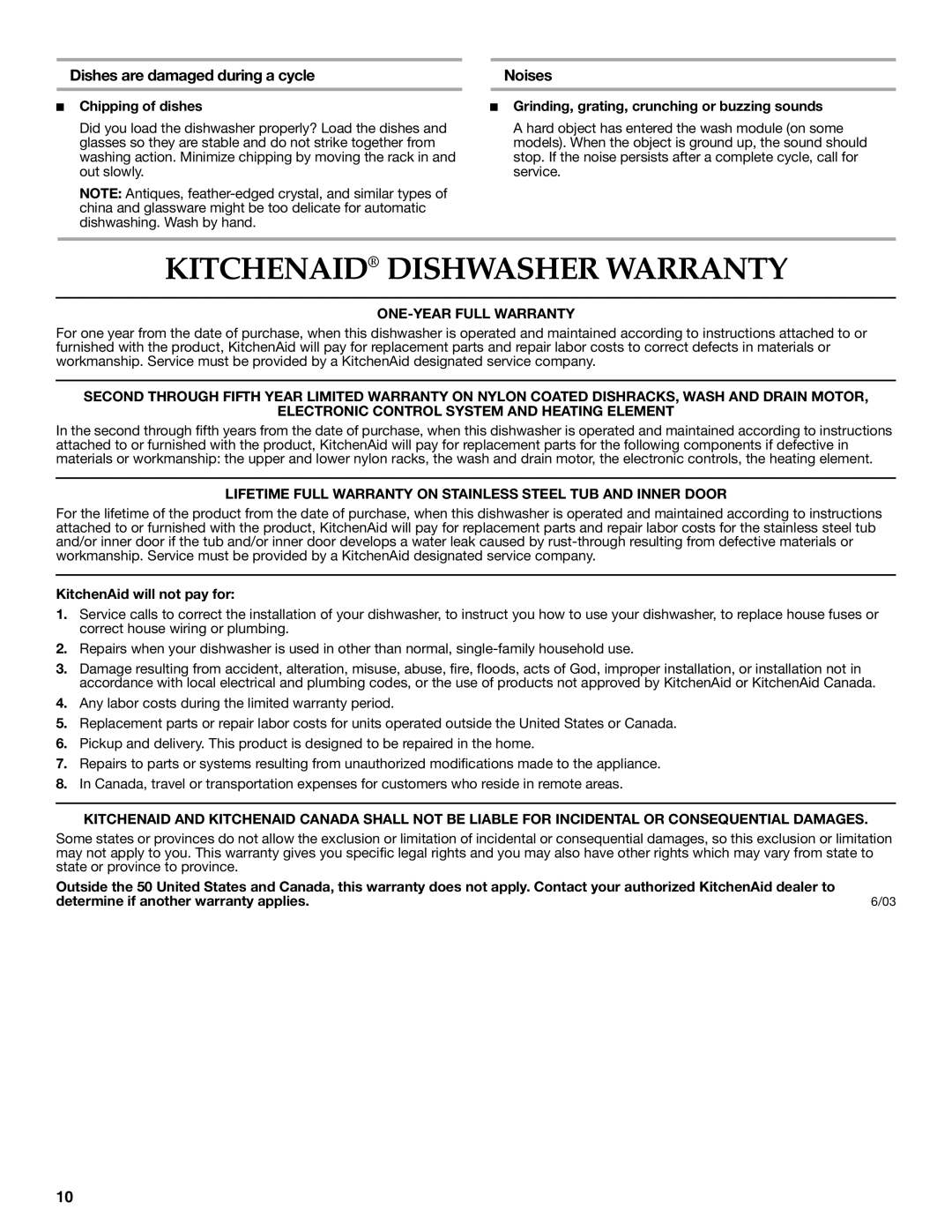 KitchenAid 8531778A warranty Kitchenaid Dishwasher Warranty, Dishes are damaged during a cycle, Noises 