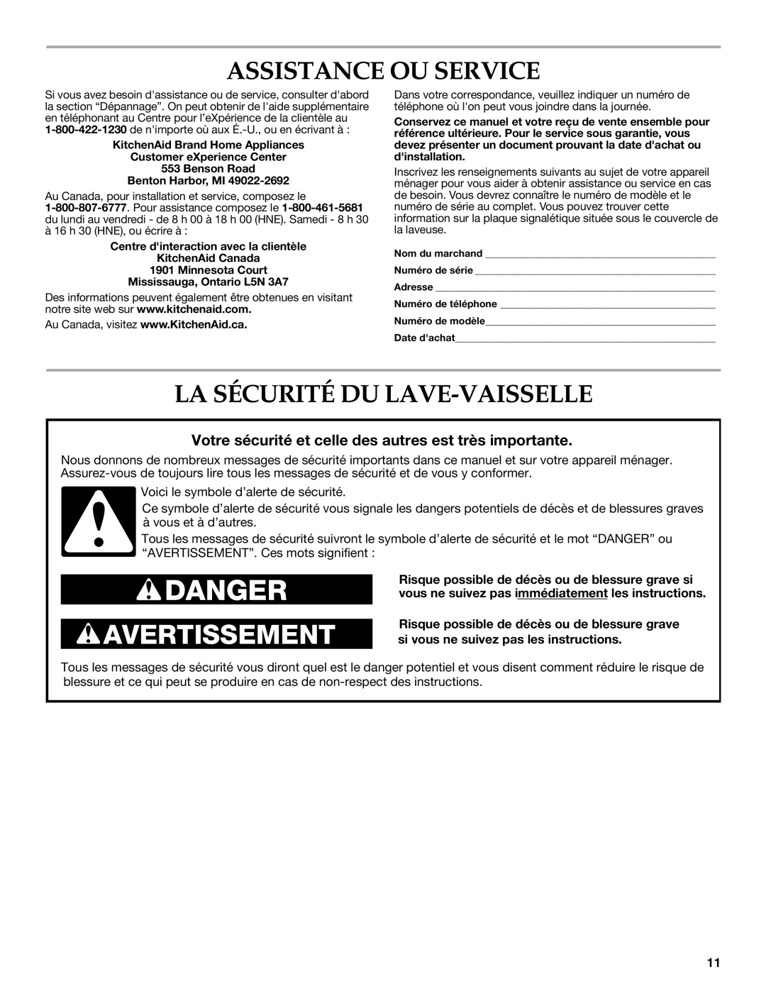 KitchenAid 8531778A warranty Assistance OU Service, LA Sécurité DU LAVE-VAISSELLE 