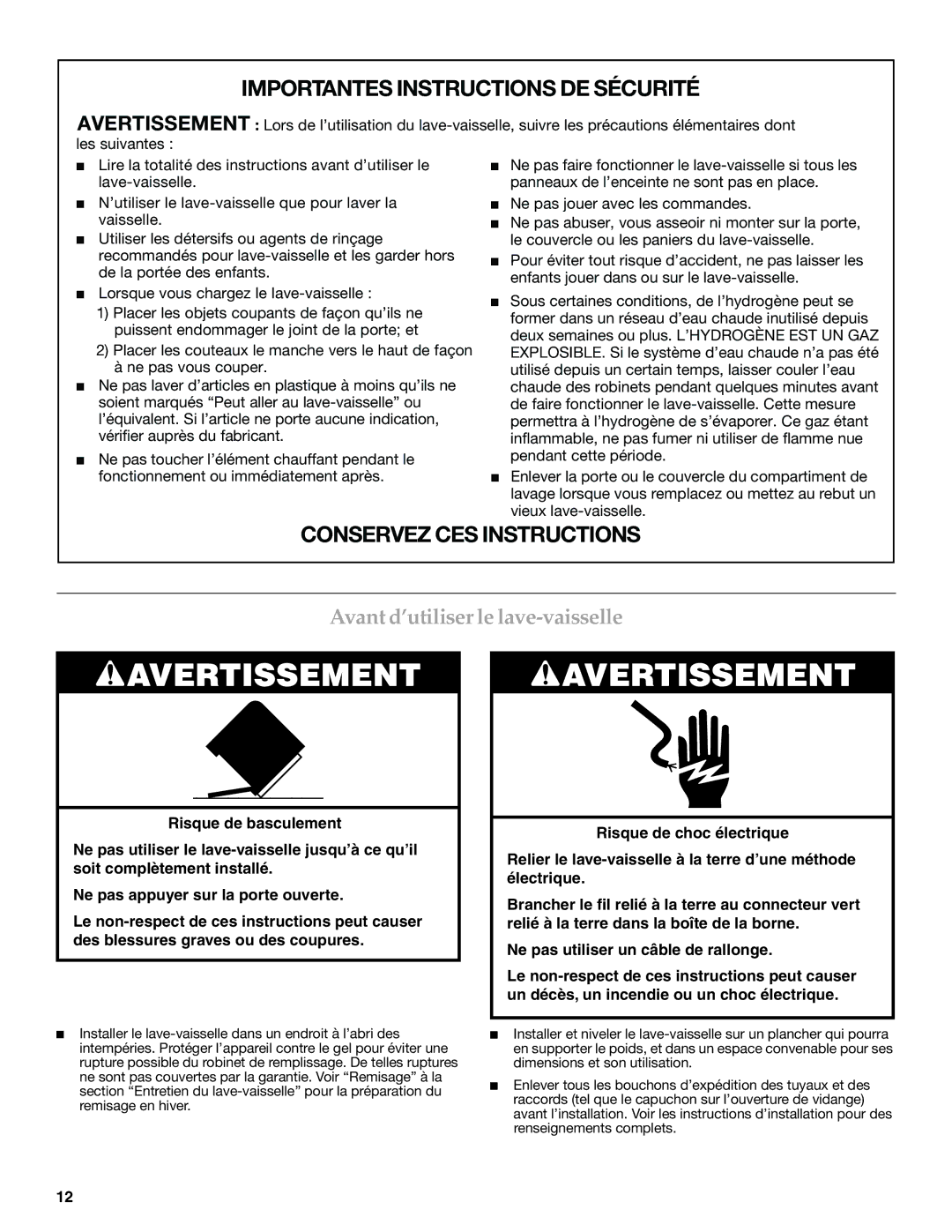 KitchenAid 8531778A warranty Importantes Instructions DE Sécurité, Avant d’utiliser le lave-vaisselle 