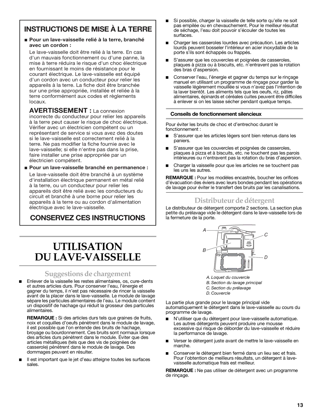 KitchenAid 8531778A warranty Utilisation DU LAVE-VAISSELLE, Distributeur de détergent, Suggestions de chargement 