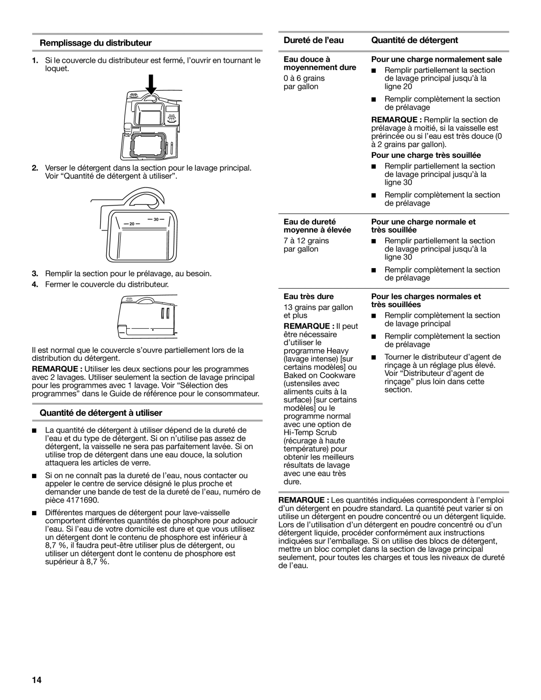 KitchenAid 8531778A Remplissage du distributeur, Dureté de l’eau Quantité de détergent, Quantité de détergent à utiliser 