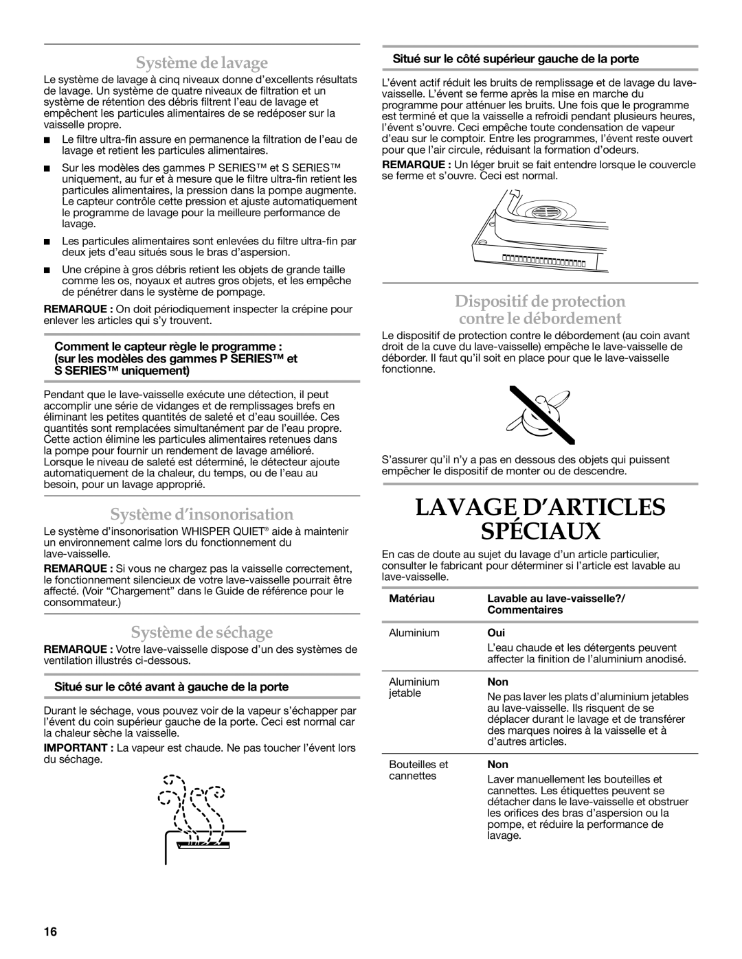 KitchenAid 8531778A warranty Lavage D’ARTICLES Spéciaux, Système de lavage, Système d’insonorisation, Système de séchage 