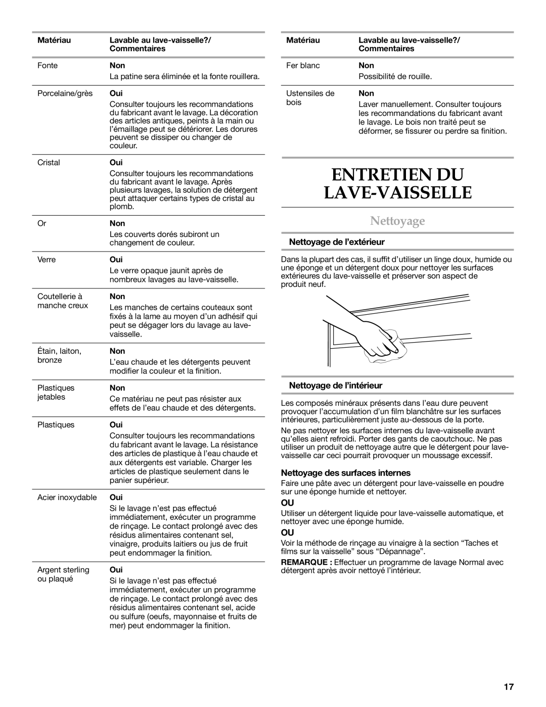 KitchenAid 8531778A warranty Entretien DU LAVE-VAISSELLE, Nettoyage de l’extérieur, Nettoyage de l’intérieur 