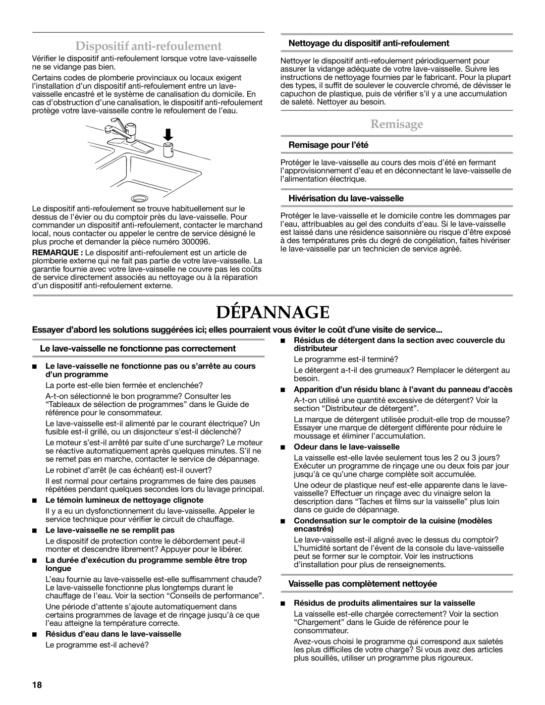 KitchenAid 8531778A warranty Dépannage, Dispositif anti-refoulement, Remisage 