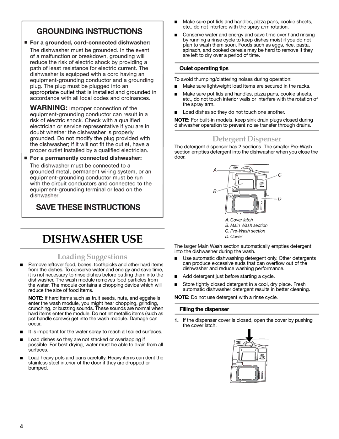 KitchenAid 8531778A Dishwasher USE, Detergent Dispenser, Loading Suggestions, Quiet operating tips, Filling the dispenser 