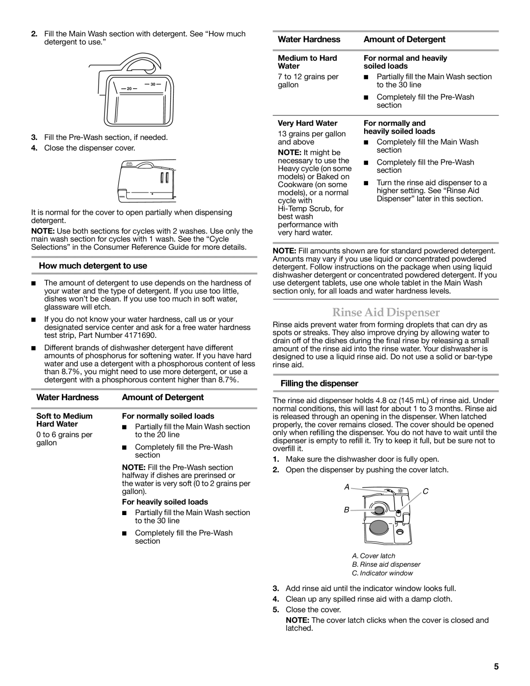 KitchenAid 8531778A warranty Rinse Aid Dispenser, Water Hardness Amount of Detergent, How much detergent to use 