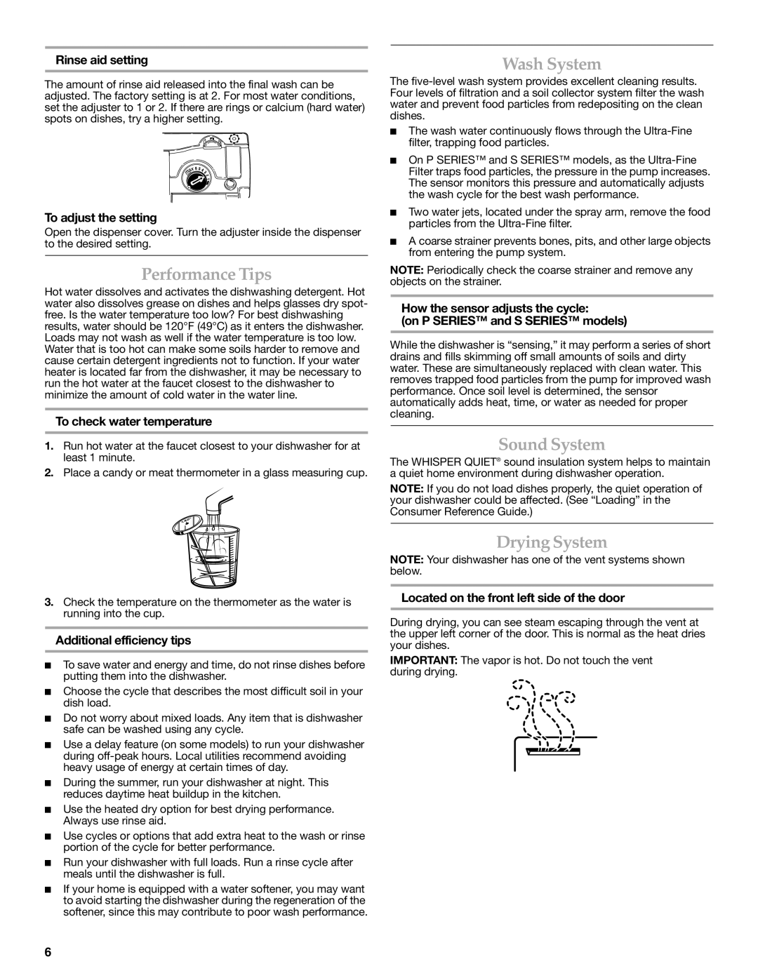 KitchenAid 8531778A warranty Performance Tips, Wash System, Sound System, Drying System 