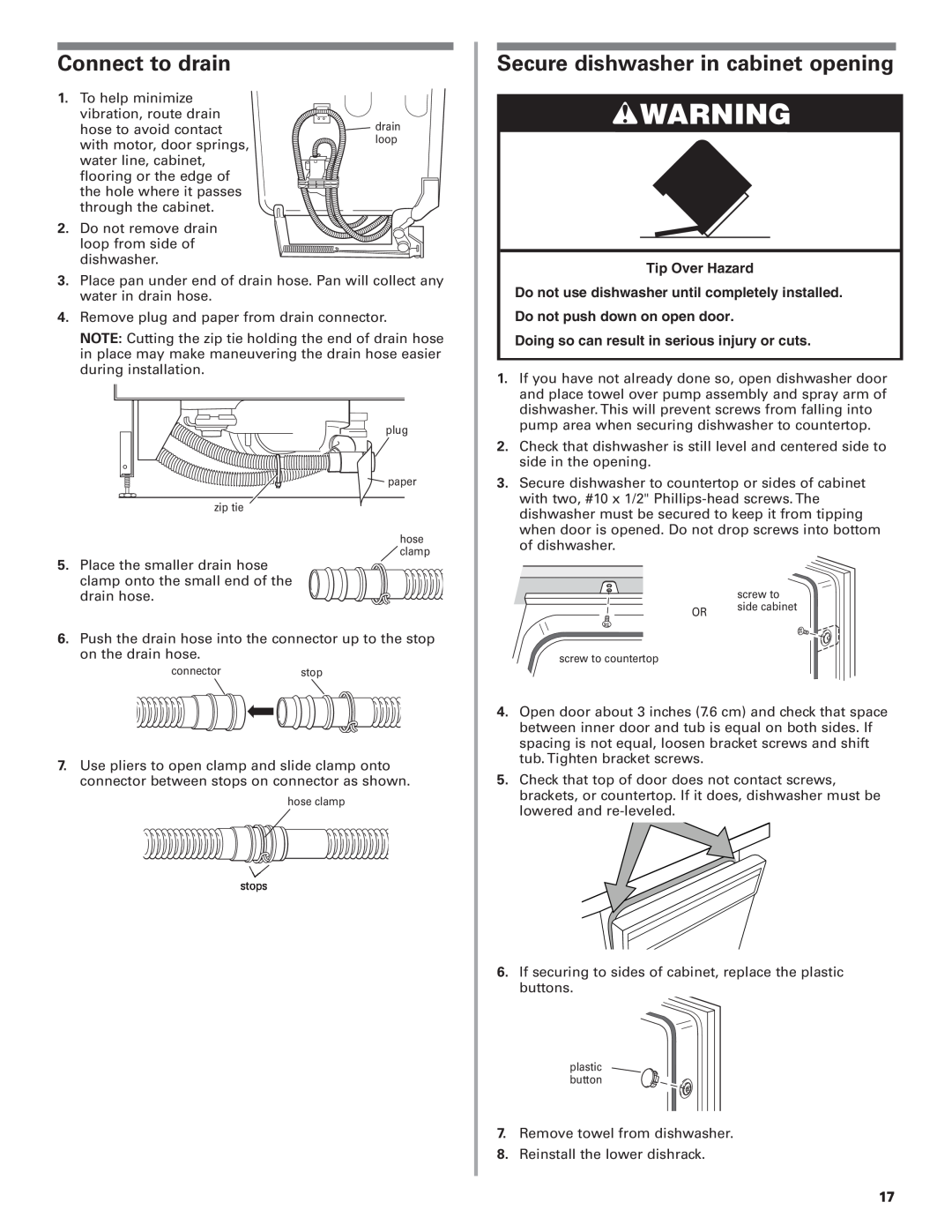 KitchenAid 8564554 installation instructions Connect to drain, Secure dishwasher in cabinet opening, Tip Over Hazard 