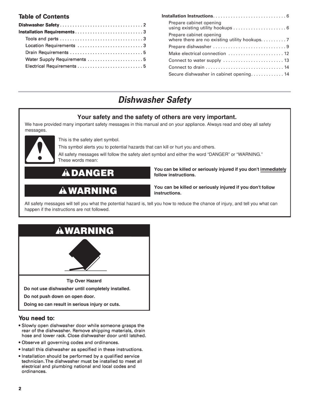 KitchenAid 8564554 Dishwasher Safety, Danger, Table of Contents, Your safety and the safety of others are very important 
