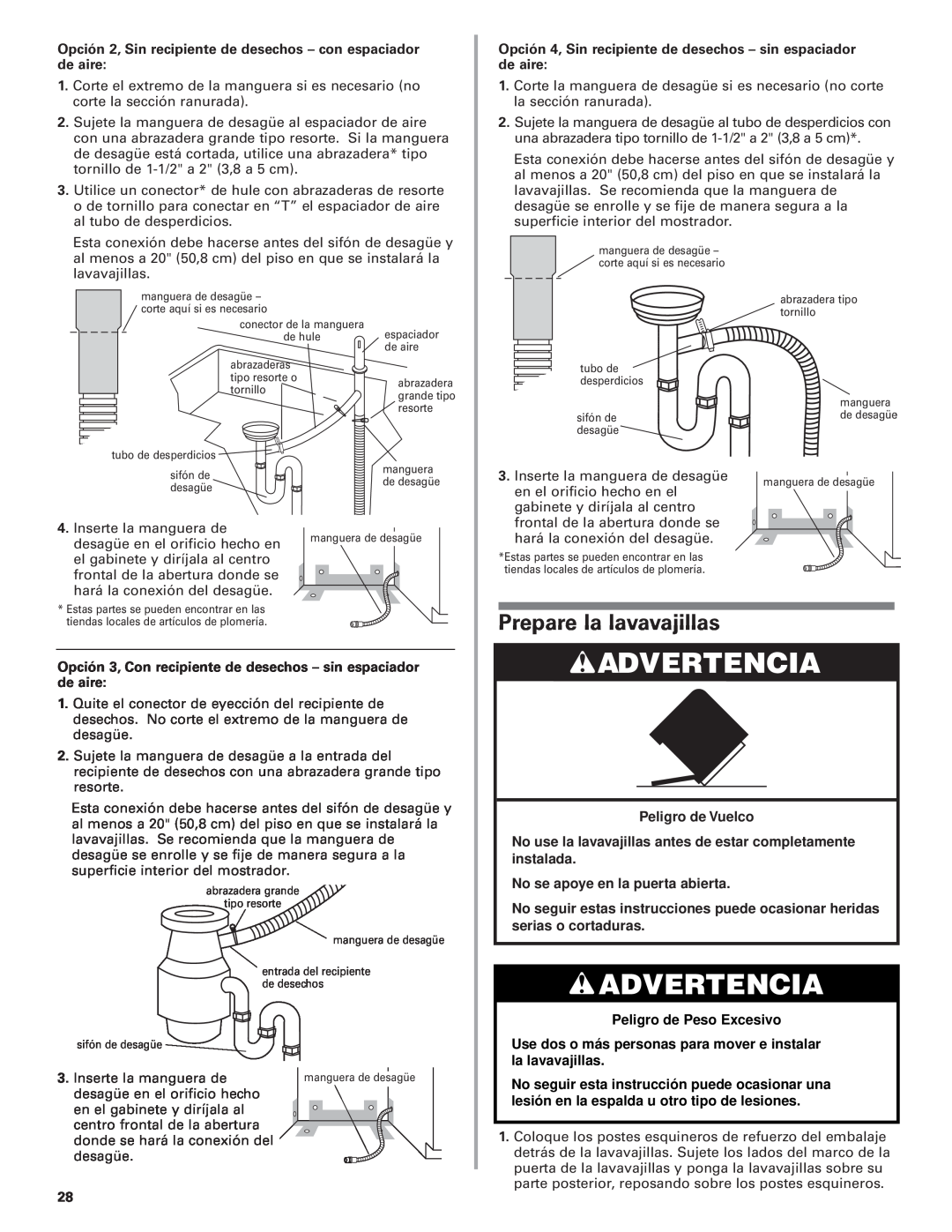 KitchenAid 8564554 Prepare la lavavajillas, Opción 4, Sin recipiente de desechos - sin espaciador de aire, Advertencia 