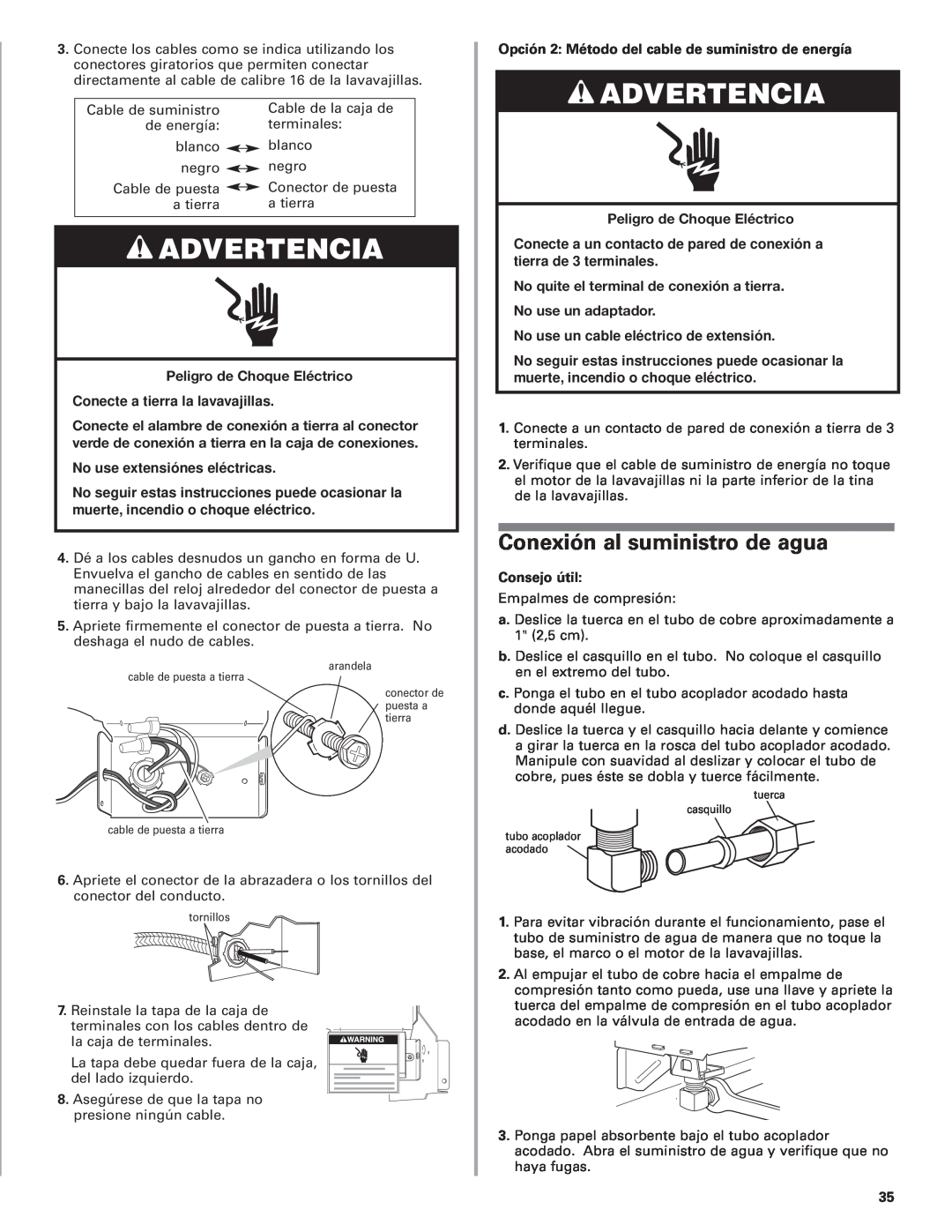 KitchenAid 8564554 Conexión al suministro de agua, Conecte a tierra la lavavajillas, No use extensiónes eléctricas 