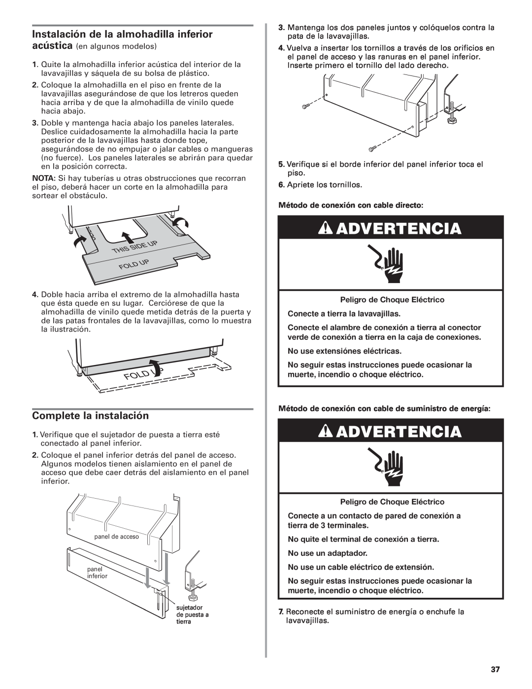 KitchenAid 8564554 Instalación de la almohadilla inferior acústica, Complete la instalación, Advertencia 