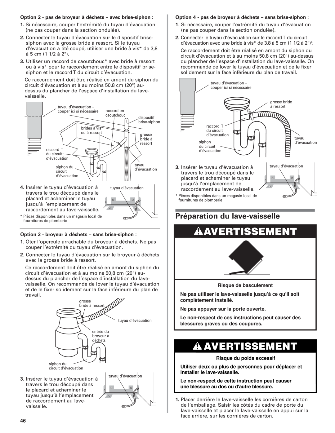 KitchenAid 8564554 Préparation du lave-vaisselle, Risque du poids excessif, Avertissement, Risque de basculement 