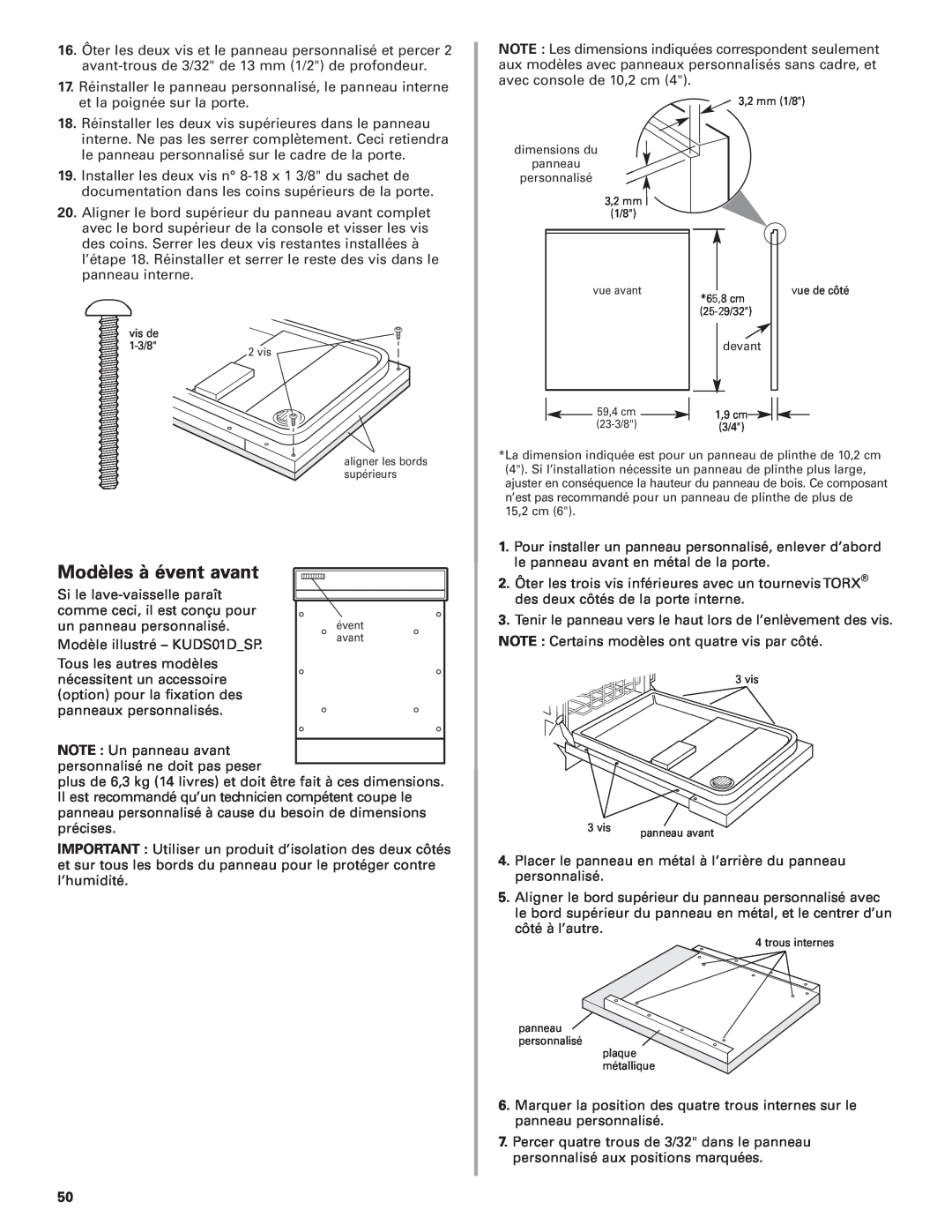 KitchenAid 8564554 installation instructions Modèles à évent avant, dimensions du panneau personnalisé, devant 