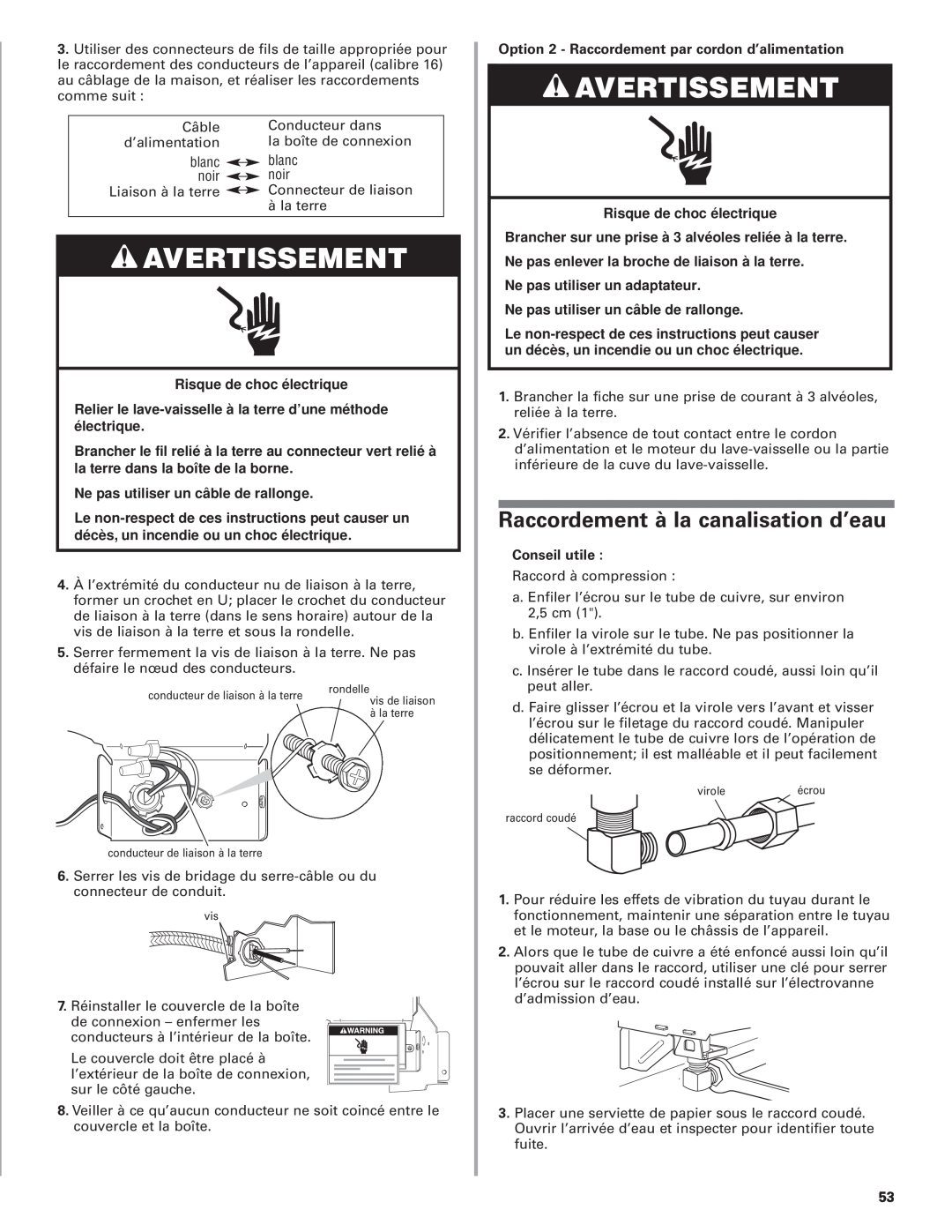 KitchenAid 8564554 Raccordement à la canalisation d’eau, Relier le lave-vaisselle à la terre d’une méthode électrique 