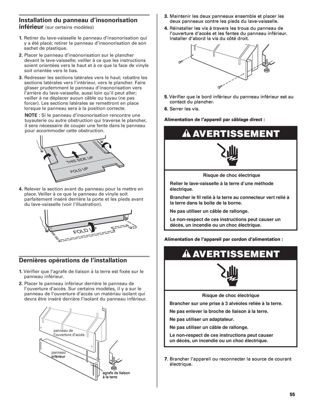 KitchenAid 8564554 Installation du panneau d’insonorisation, Dernières opérations de l’installation, Avertissement 