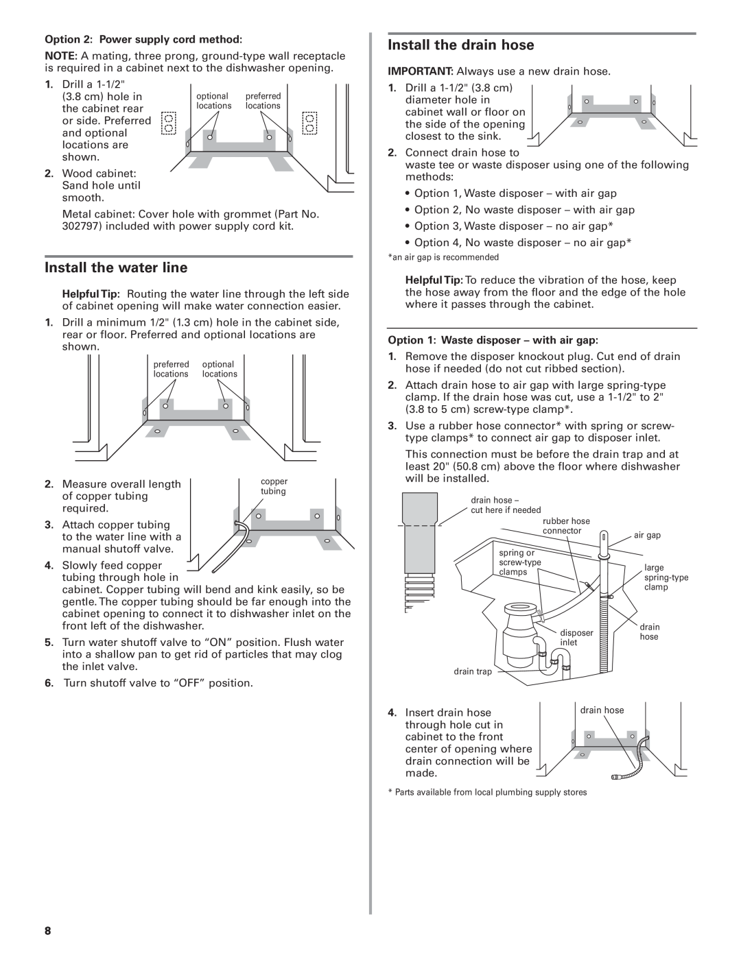 KitchenAid 8564554 Install the water line, Option 2 Power supply cord method, Install the drain hose 