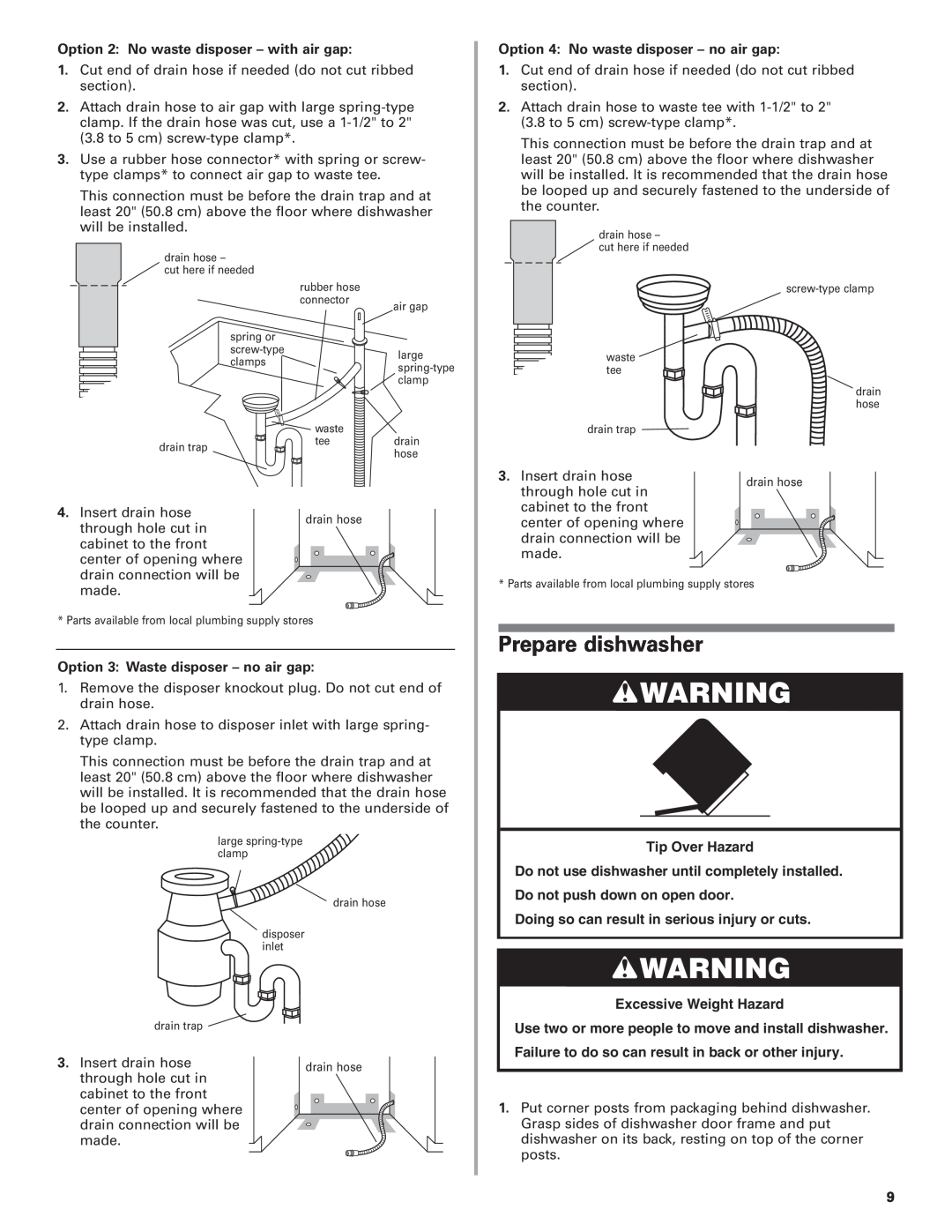 KitchenAid 8564554 Prepare dishwasher, Tip Over Hazard, Excessive Weight Hazard, Option 2 No waste disposer - with air gap 
