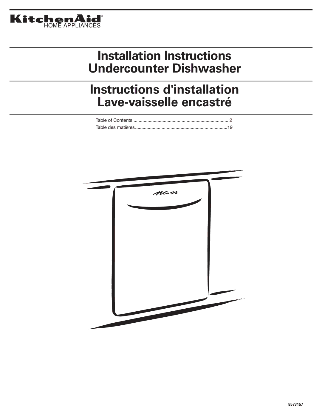 KitchenAid 8573157 installation instructions Installation Instructions Undercounter Dishwasher 