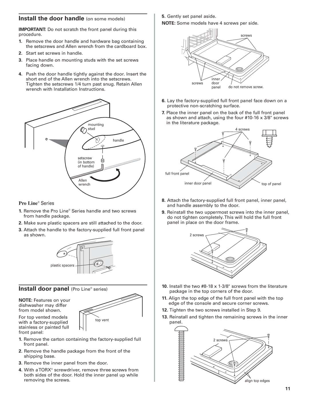 KitchenAid 8573157 installation instructions Install the door handle on some models, Install door panel 