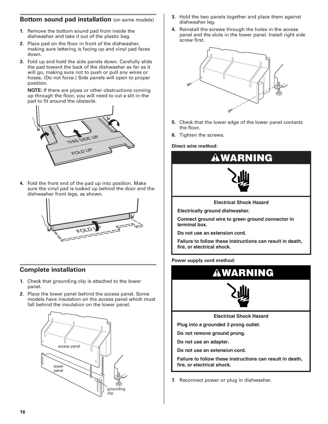 KitchenAid 8573157 installation instructions Bottom sound pad installation on some models, Complete installation 