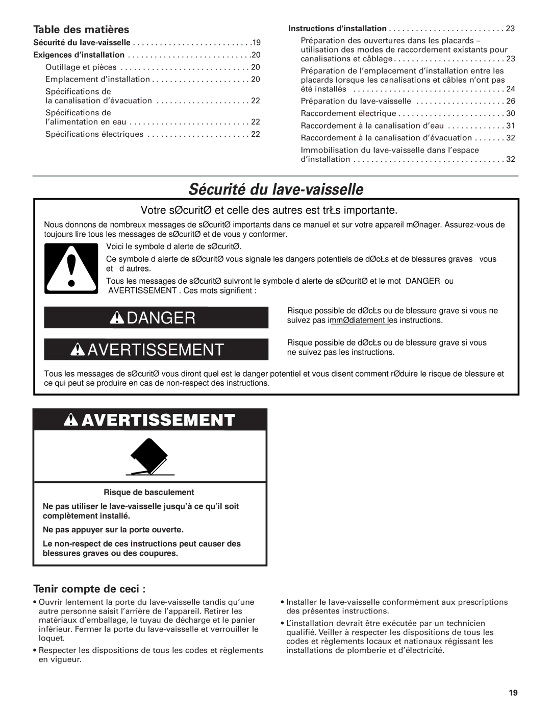 KitchenAid 8573157 installation instructions Sécurité du lave-vaisselle, Table des matières, Tenir compte de ceci 