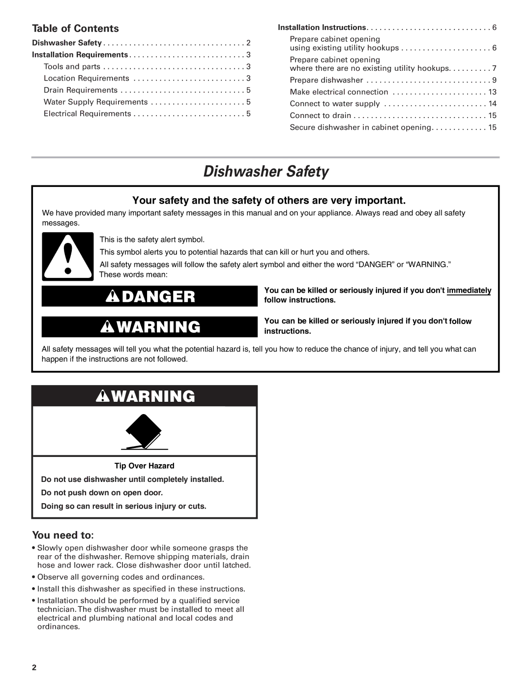 KitchenAid 8573157 installation instructions Dishwasher Safety, Table of Contents, You need to 