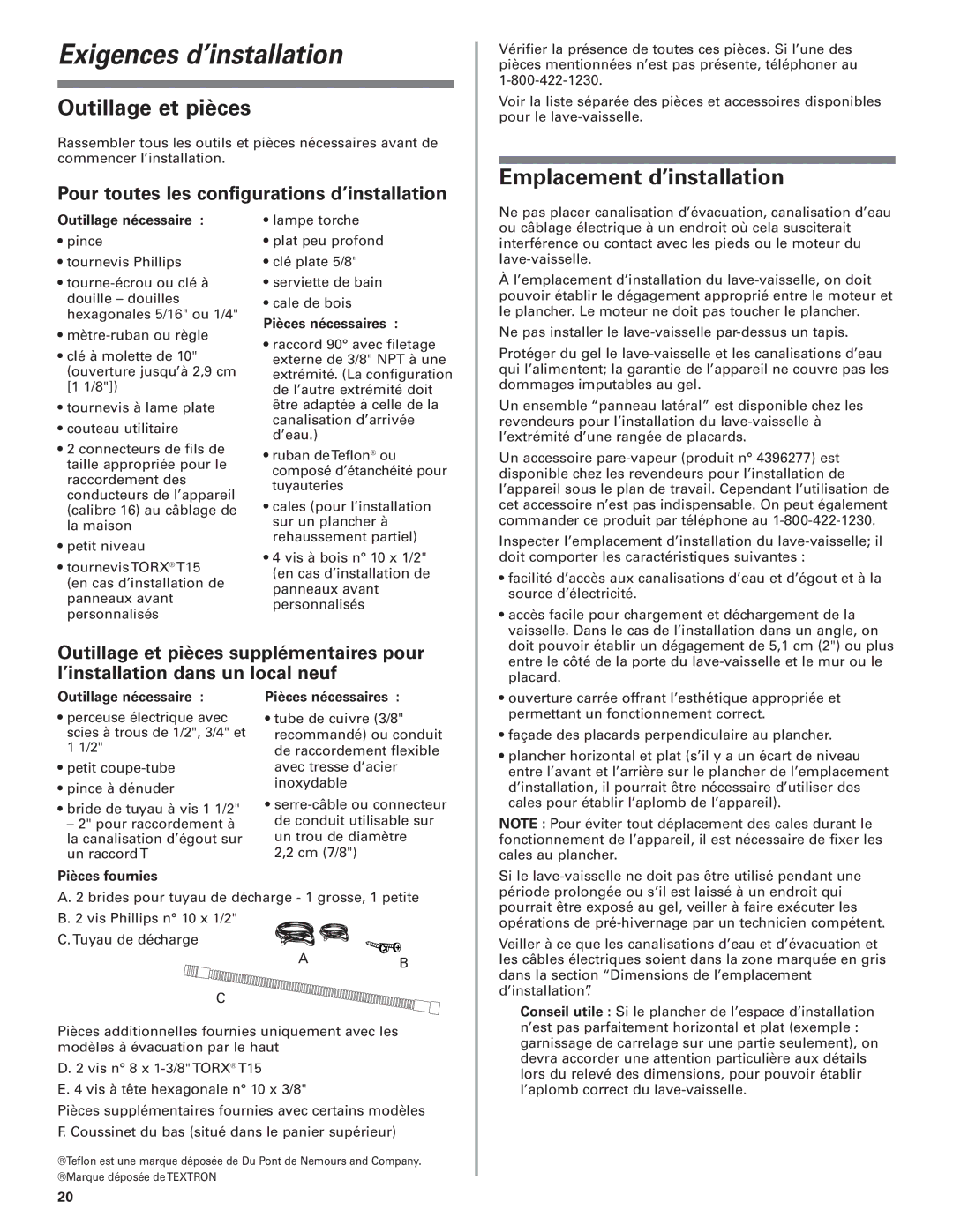 KitchenAid 8573157 installation instructions Exigences d’installation, Outillage et pièces, Emplacement d’installation 