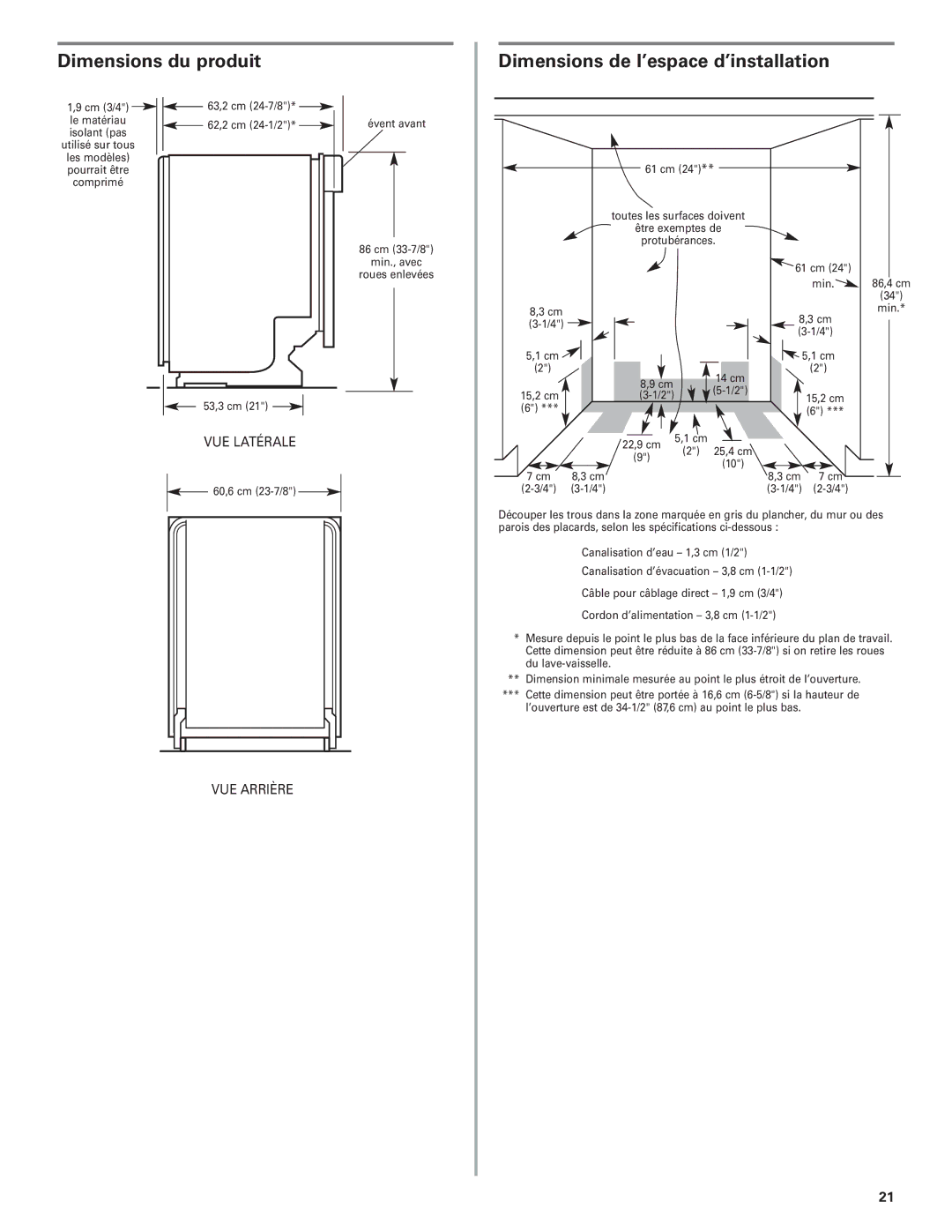 KitchenAid 8573157 installation instructions Dimensions du produit, Dimensions de l’espace d’installation 