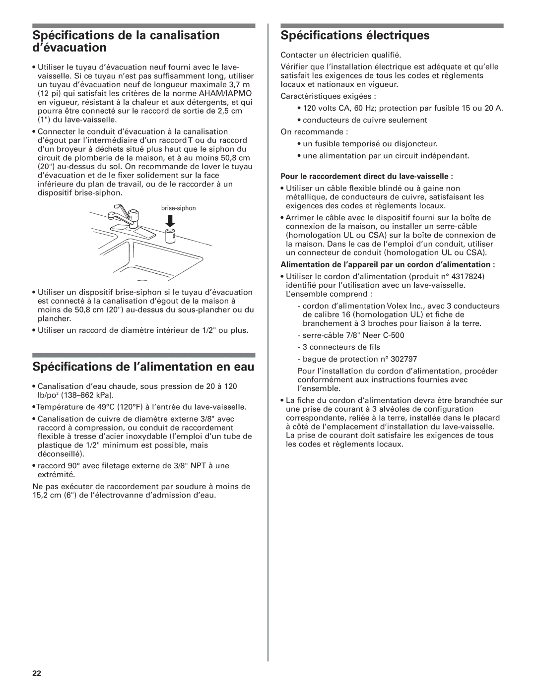 KitchenAid 8573157 Spécifications de la canalisation d’évacuation, Spécifications de l’alimentation en eau 