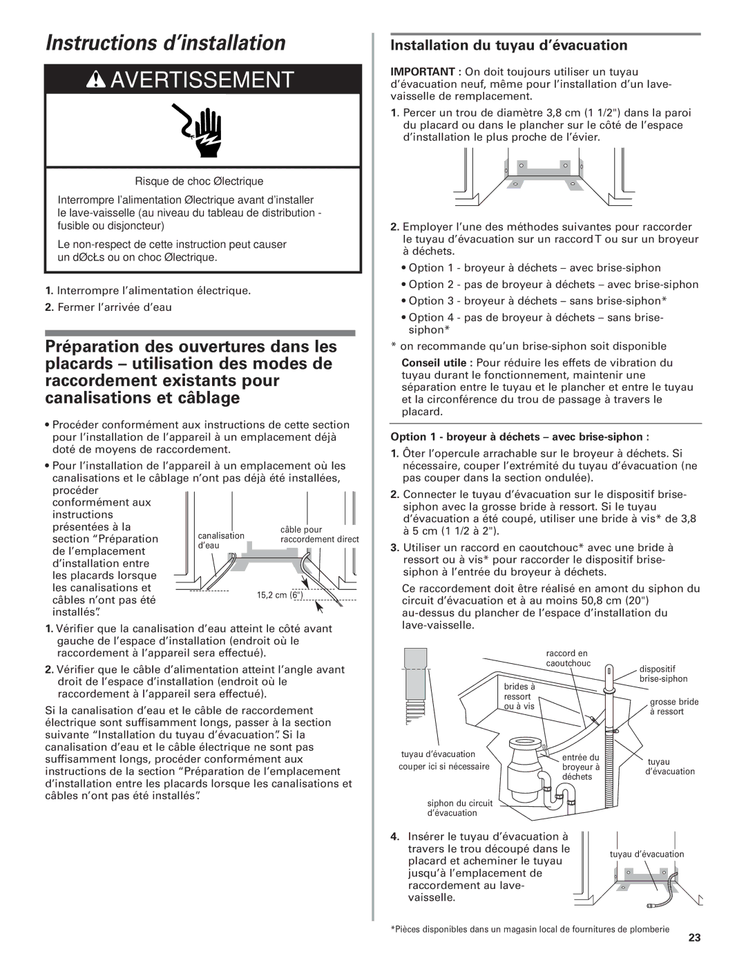 KitchenAid 8573157 installation instructions Instructions d’installation, Installation du tuyau d’évacuation 