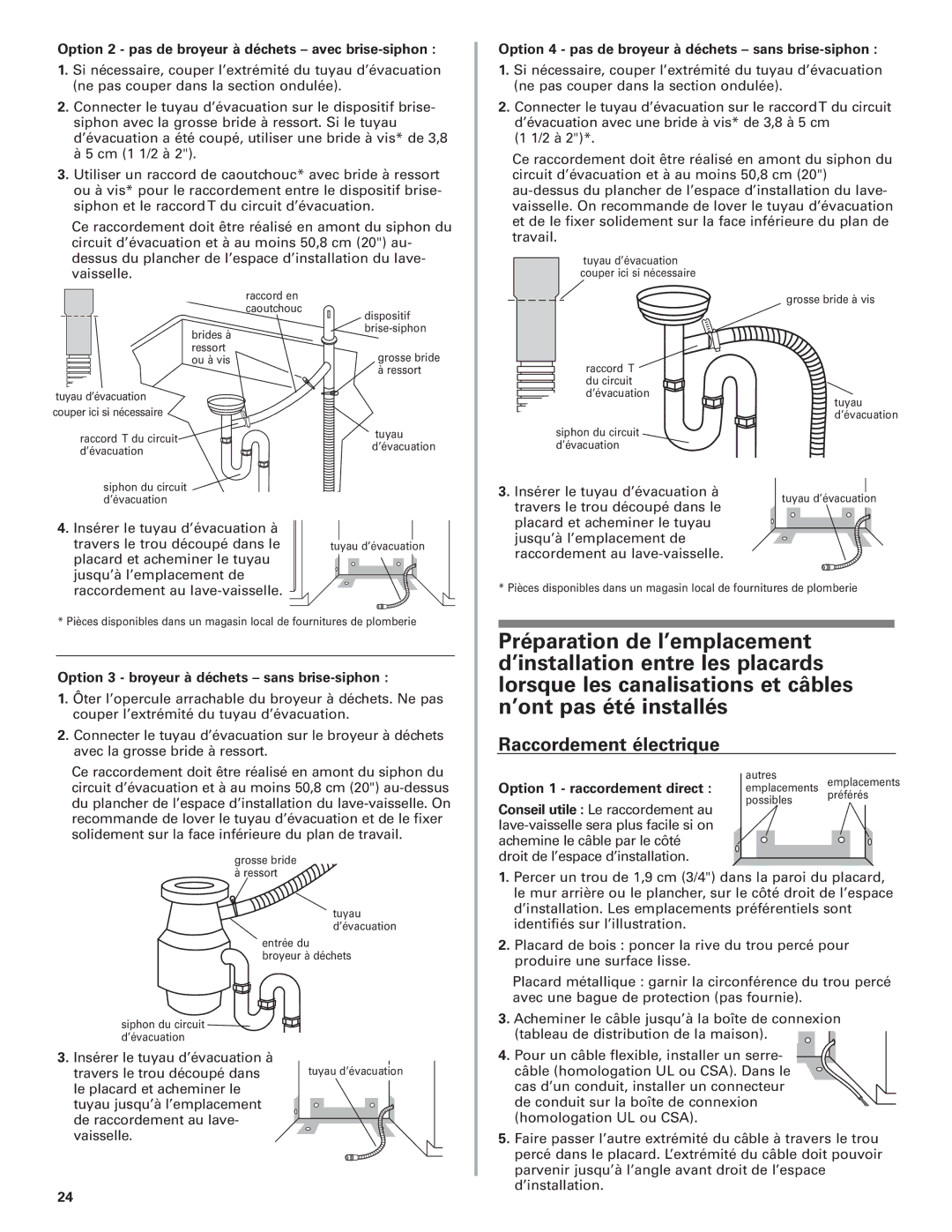 KitchenAid 8573157 installation instructions Raccordement électrique, Option 2 pas de broyeur à déchets avec brise-siphon 